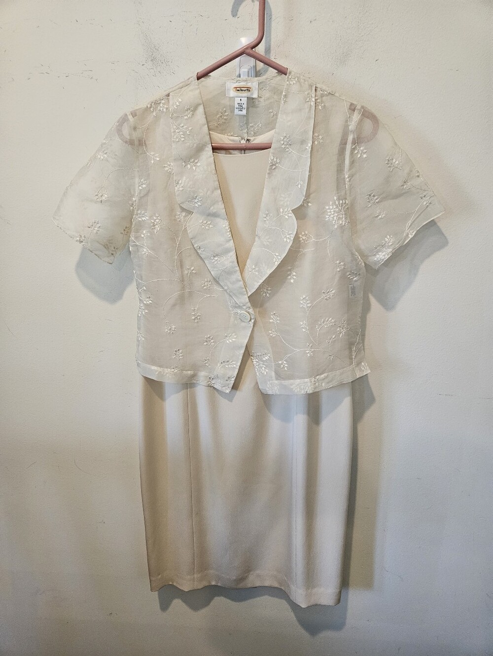 Women's Talbots Silk Cream Sheath Dress with Embroidered SheerJacket Set Size 6